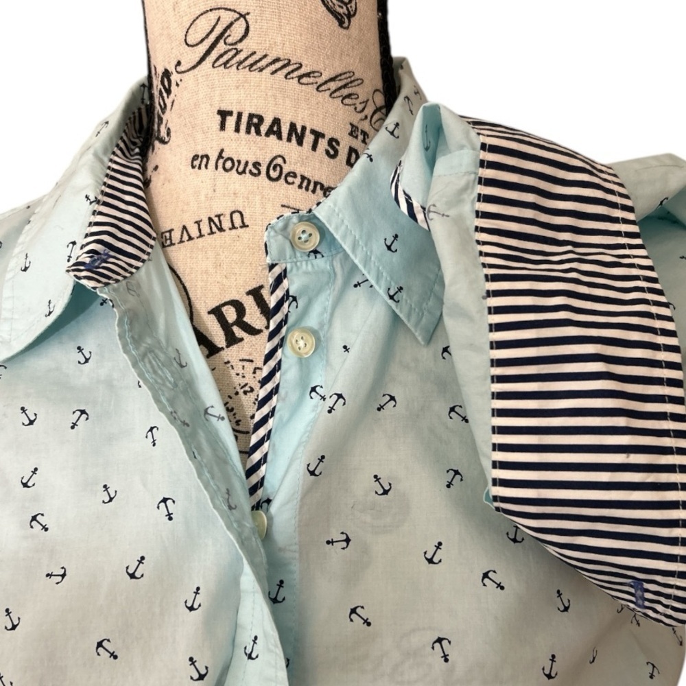 Talbots Long Sleeve Cotton Anchor Nautical Vacation Coastal Button Front Blouse - Picture 3 of 8